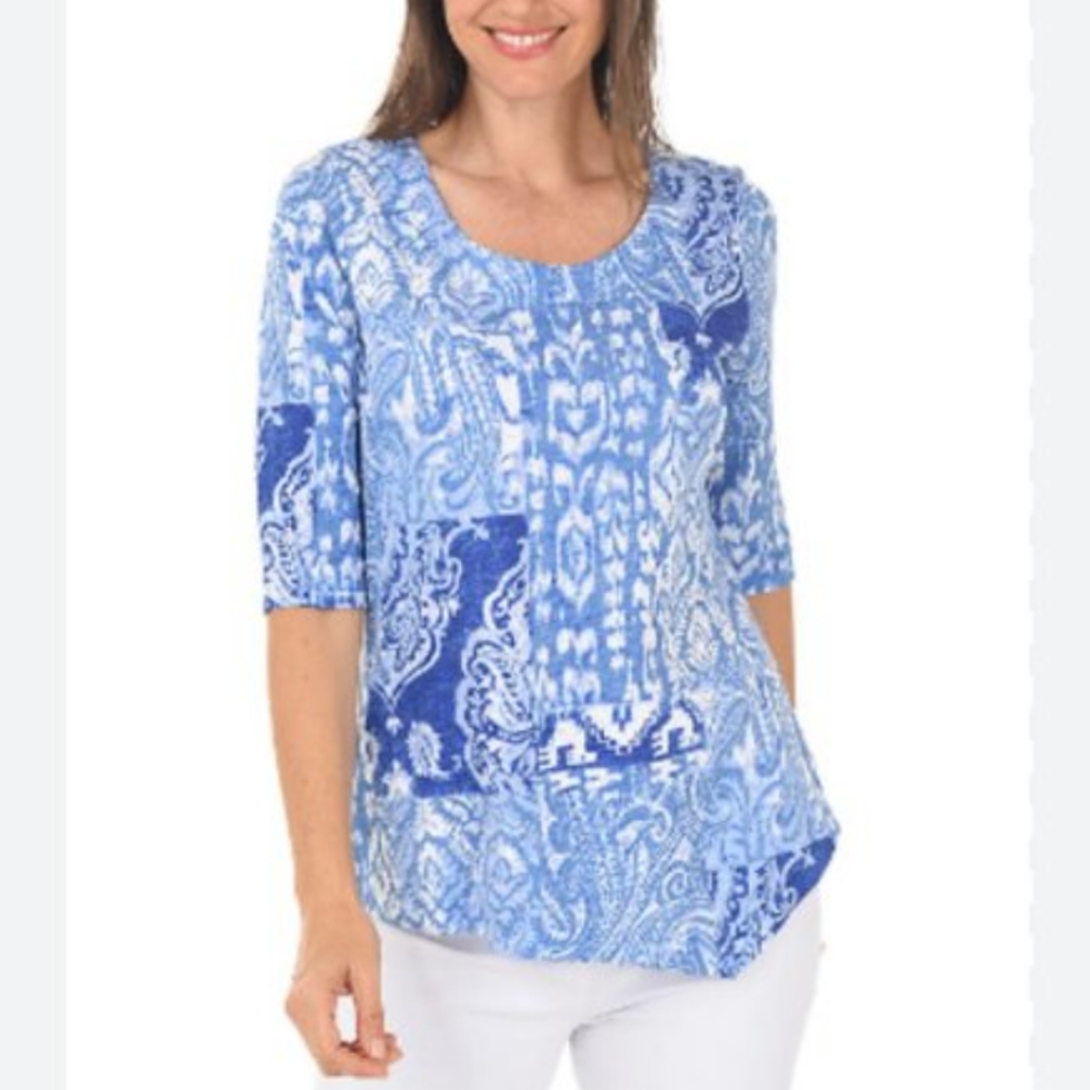 Habitat Paisley Asymmetrical Blouse Womens L Blue Artsy Retro 90s Cottagecore